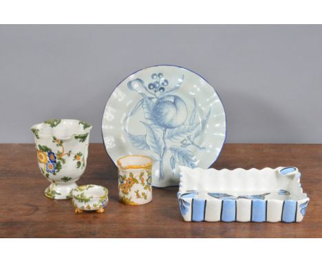 Five pieces of mainly 19th century Italian maiolica,  to include a plate, vase, small footed bowl, jug and a more modern tray