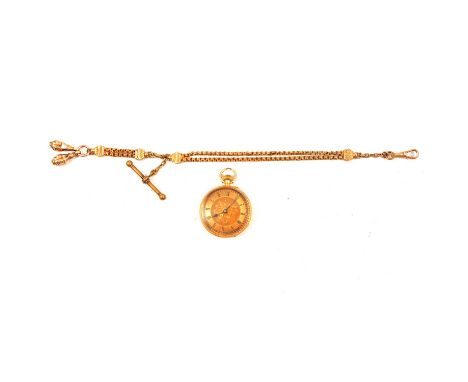 An 18 carat gold open face pocket watch and metal Albert watch chain, an 18 carat gold open face pocket watch, the gold-colou
