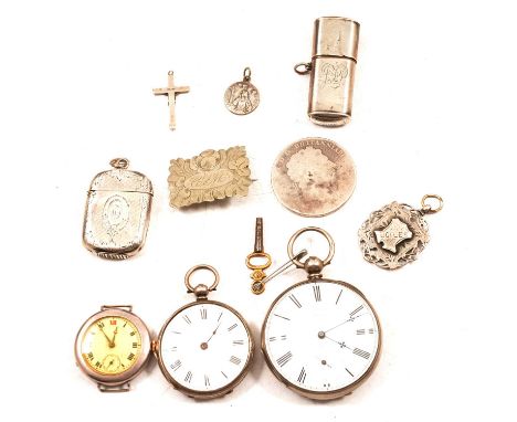 Silver pocket watch, wristwatch, fob, vesta and other white metal and base metal items, a silver pocket watch, the white enam