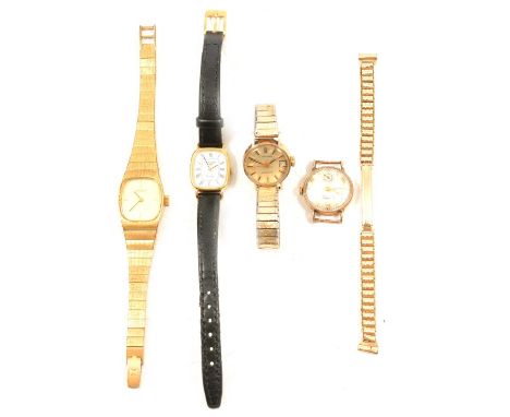 Two gold wristwatches, two gold-plated wristwatches and a rolled gold watch bracelet, Longines - a lady's vintage 9 carat yel