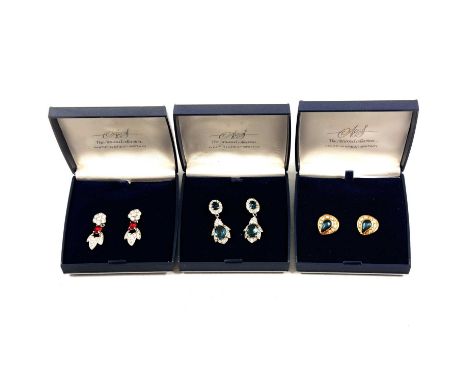 Five boxed sets of Attwood costume jewellery necklace and earring suites, faux ruby, sapphire, emerald, diamond and pearl gem