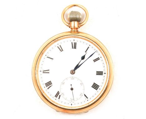 A 9 carat yellow gold open face pocket watch, the circular white enamel dial with roman numeral chapter ring and subsidiary s