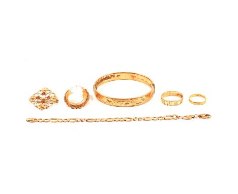 Two wedding rings, gold bracelet, cameo brooch, gemset brooch and gold-plated bangle, a 22 carat yellow gold wedding band, 2.