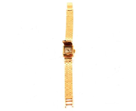 A lady's yellow metal cocktail watch, 10mm square Arabic dial in a 14 carat yellow gold case with polished brick design arrow