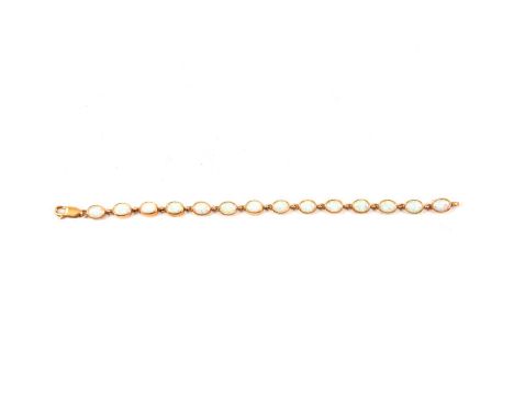 A synthetic opal bracelet, the fourteen oval cabochon cut opals collet set in yellow metal, fastener marked 375, 19cm.