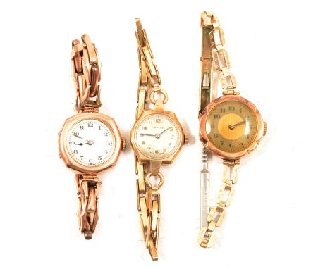 Three gold lady's vintage wristwatches, all having 9 carat gold cases, two with rolled gold bracelets, one with an expanding 
