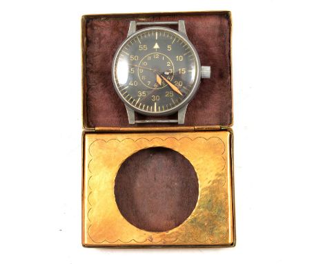 Military interest - a WW2 German Luftwaffe observer's wristwatch in Trench Art case, the 48mm black Arabic numeral dial with 