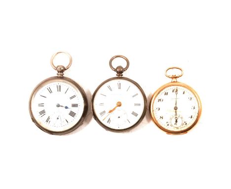 A 9 carat gold pocket watch and two silver watches, a 9 carat yellow gold open face pocket watch, the circular silvered and t