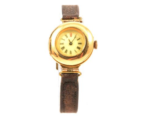 A lady's vintage 18 carat yellow gold wristwatch, 22mm circular roman numeral dial with red XII and gold dot minute markers i
