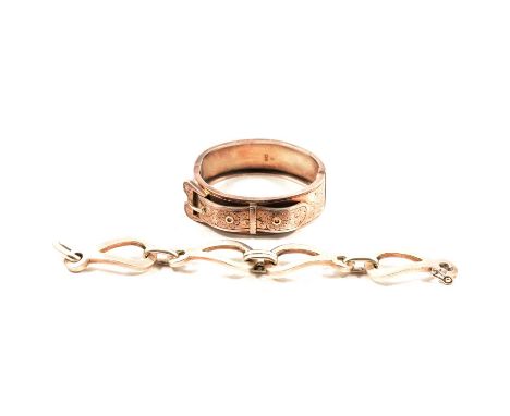 A Victorian silver bangle and modern white metal bracelet, a Victorian silver half hinged bangle, 19mm wide with applied buck