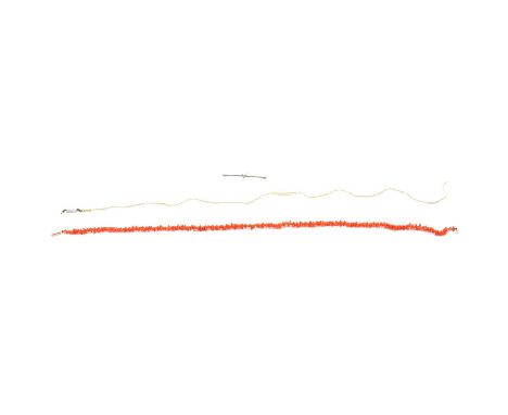 Two necklaces and a bar brooch, a small chip coral necklace 38cm long with a 9c barrel fastener; a simulated seed pearl neckl