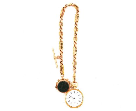 A yellow metal open face fob watch, the white enamel dial with roman numeral chapter ring and subsidiary seconds dial in a ye