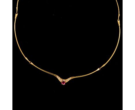 A 14 carat yellow gold collar necklace set with rubies and diamonds, four 1.2mm curved bars with a V shape section to front s