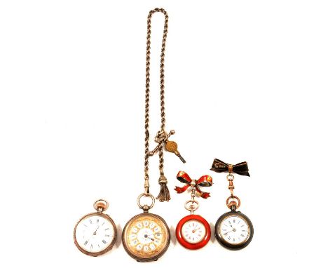 Two fob watches, two small white metal pocket watches and an Albert watch chain, a white metal and red enamel fob watch, the 