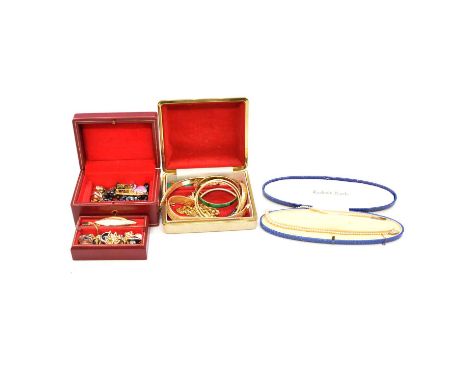 Costume jewellery bead necklaces, a Coeur de Lion necklace in branded box; clip on earrings; gilt metal necklaces, brooches, 