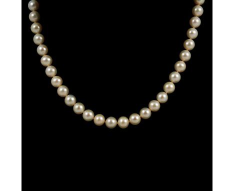 A cultured pearl necklace, fifty 8.5mm pearls knotted every pearl into a single row 45cm long, fitted with a white metal fast