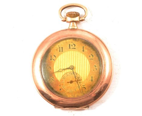 A 9 carat rose gold open face pocket watch, the circular champagne part textured dial with Arabic numeral chapter ring and su