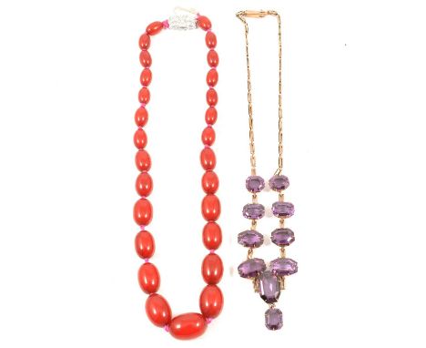 Amber coloured beads, cultured pearl earrings, synthetic alexandrite necklace, jadeite jewellery, two graduated cherry amber 