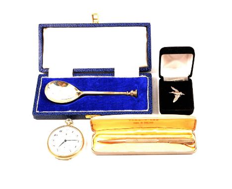 Silver pencil, medallion, tie pins, spoon, napkin ring and nickel pocket watch, a silver Yard-O-Led pencil, E Baker &amp; Son