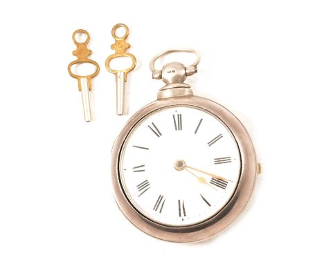 A Victorian silver pair cased pocket watch, the white enamel dial with roman numeral chapter ring in a silver inner and outer