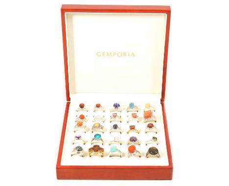 Twenty-five gemset silver rings, garnet, colour change fluorite, mystic topaz and others, a Ciana hessonite garnet ring, in a