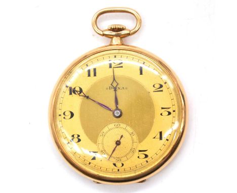 A Doxa yellow metal open face pocket watch, the champagne dial with Arabic numeral chapter ring and subsidiary seconds dial i