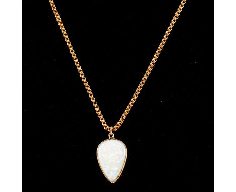 An opal pendant and chain, the arrow head cabochon cut opal, 25x15mm, set in a yellow metal frame, on a 2.5mm gauge yellow me