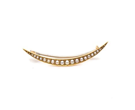 A seed pearl open crescent brooch, 40mm, yellow metal with base metal pin, vintage brooch box Shepheard &amp; Company Regent 