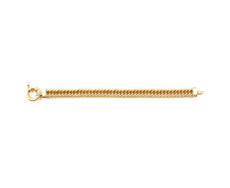 An 18 carat yellow gold bracelet, 9.7mm wide polished close curb links fitted with a large bolt ring fastener, 19cm long, 23g