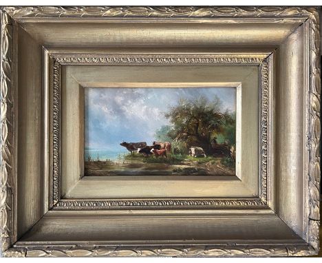 ALBERT JURARDUS VAN PROOIJEN 1834-1898 DUTCH OIL ON PANEL OF CATTLE- SIGNED 11.5CM X 20CM - VERY GOOD ORIGINAL CONDITION