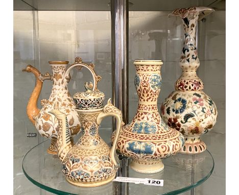 FOUR ZSOLNAY VASES &amp; TEAPOTS - 1 A/F
