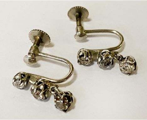 PAIR OF VINTAGE OLD CUT TRIPLE DIAMOND SCREW BACK EARRINGS