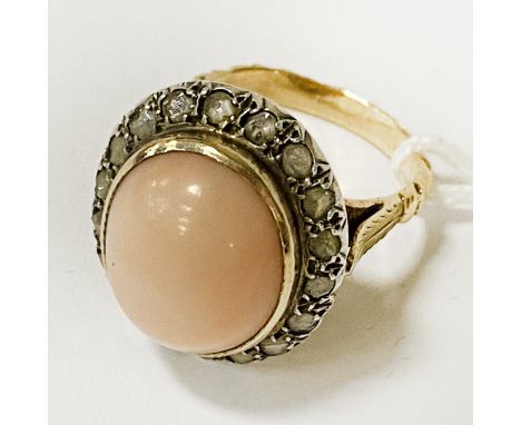 18CT GOLD OLD CUT DIAMOND &amp; LIGHT CORAL RING - SIZE M/N
