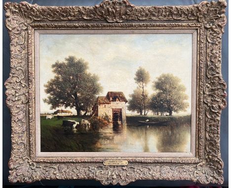 GILBERT MUNGER 1837-1903 OIL ON PANEL - CATTLE WATERING &amp; FIGURE - SIGNED 32CM X 40CM - VERY GOOD ORIGINAL CONDITION