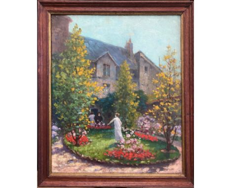CHARLES RAMBERT 1867-1932 OIL ON PANEL OF GARDEN - SIGNED 42CM X 52CM - VERY GOOD ORIGINAL CONDITION