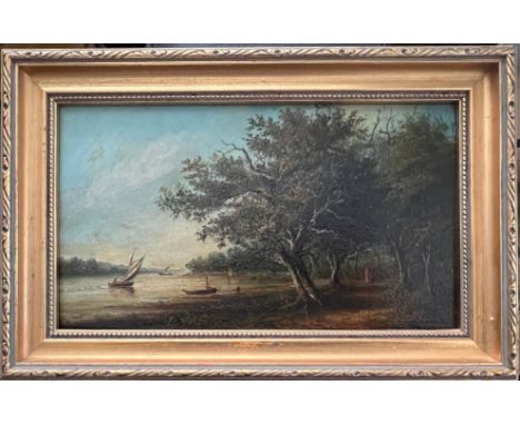 19THC ENGLISH SCHOOL OIL ON PANEL - RIVER LANDSCAPE WITH BOATS - INDISTINCTLY SIGNED 16CM  X 28CM - ORIGINAL CONDITION