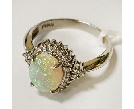 18CT WHITE GOLD DIAMOND &amp; OPAL RING SIZE M 5.1 GRAMS APPROX