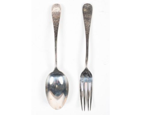 A silver squirrel engraved spoon and fork, hallmarked Sheffield, 1893, maker's mark for M. Bros, each engraved with flowers a