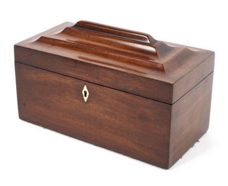 A George III mahogany tea caddy, the moulded cover enclosing a two section interior with wooden covers, 16cm x 25cm x 12.5cm