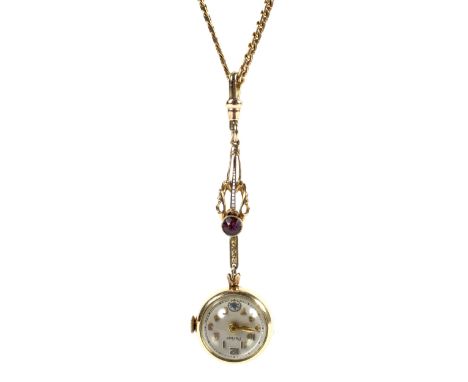 A continental yellow metal chain, stamped 750, 17.2g, together with an attached yellow metal Parker ball clock with ornate en