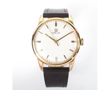A vintage manual wind Gents Omega wristwatch, the circular dial with gilt baton hour markers, on modern leather strap