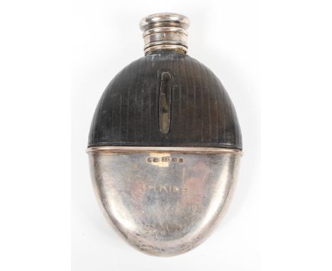 A late Victorian silver and leather mounted glass hip flask, hallmarked Birmingham, 1879, maker's mark for John Linegar, of o