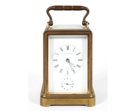 A French brass carriage alarm clock, the enamelled dial inscribed Klaftenberger, Regent Street, above a subsidiary alarm dial