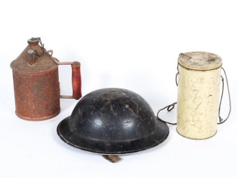 A World War II Brodie Helmet, marked R twice, together with a gas mask marked LOT 474A/ L&amp;B.R.CO. JAN 1937 in an MB Gas M