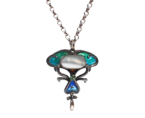 An abstract pendant with enamel finish suspended from an 18 inch belcher chain. Pendant stamped silver; chain hallmarked ster