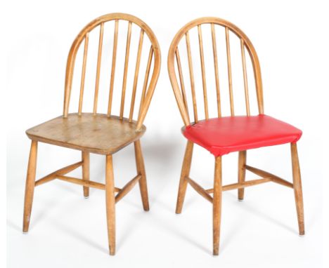 Two Ercol blonde elm and beech dining chairs, one upholstered in studded red fabric, 84 cm high (2)