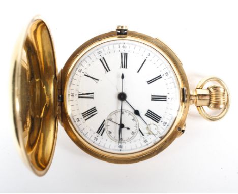 A French 18ct gold full hunter pocket watch, the white enamel dial with Roman numerals denoting hours, seconds subsidiary dia