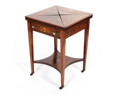 A Victorian inlaid rosewood envelope card table, the interior inset with green baize and with counter wells, the top inlaid w