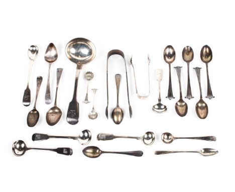 A collection of assorted silver flatware, including serving ladle, Georgian mustard spoons, sugar tongs and more, combined we