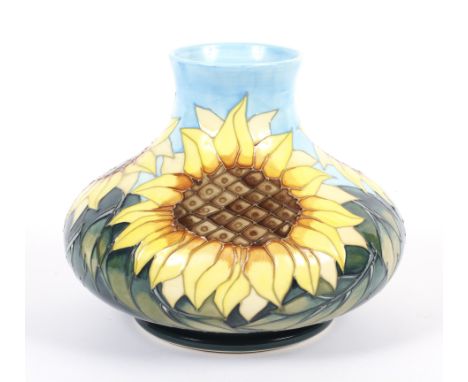 A Moorcroft Pottery vase of compressed ovoid form, decorated in the Sunflower pattern, impressed marks, dated Moorcroft 1992,